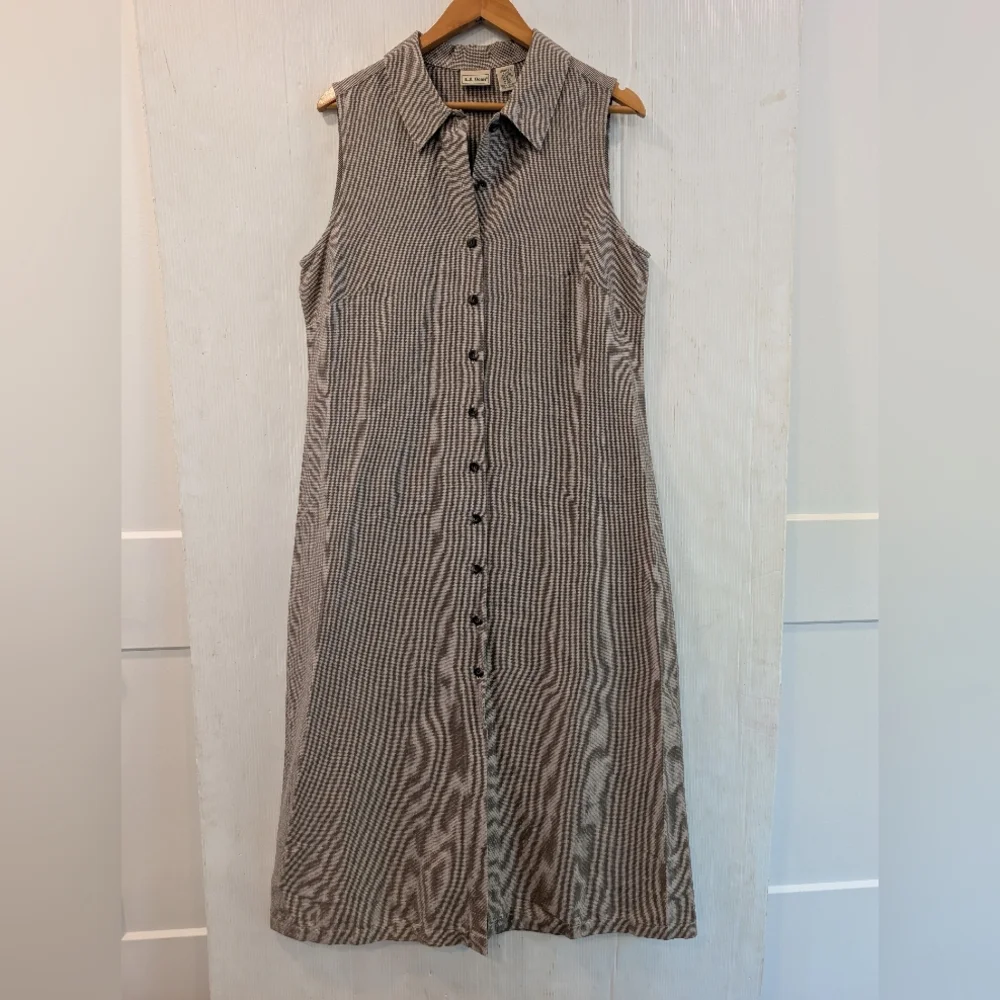 L.L. BEAN Brown Tan Houndstooth Button Front Midi Sleeveless Shirt Dress Size 14 - Picture 2 of 9